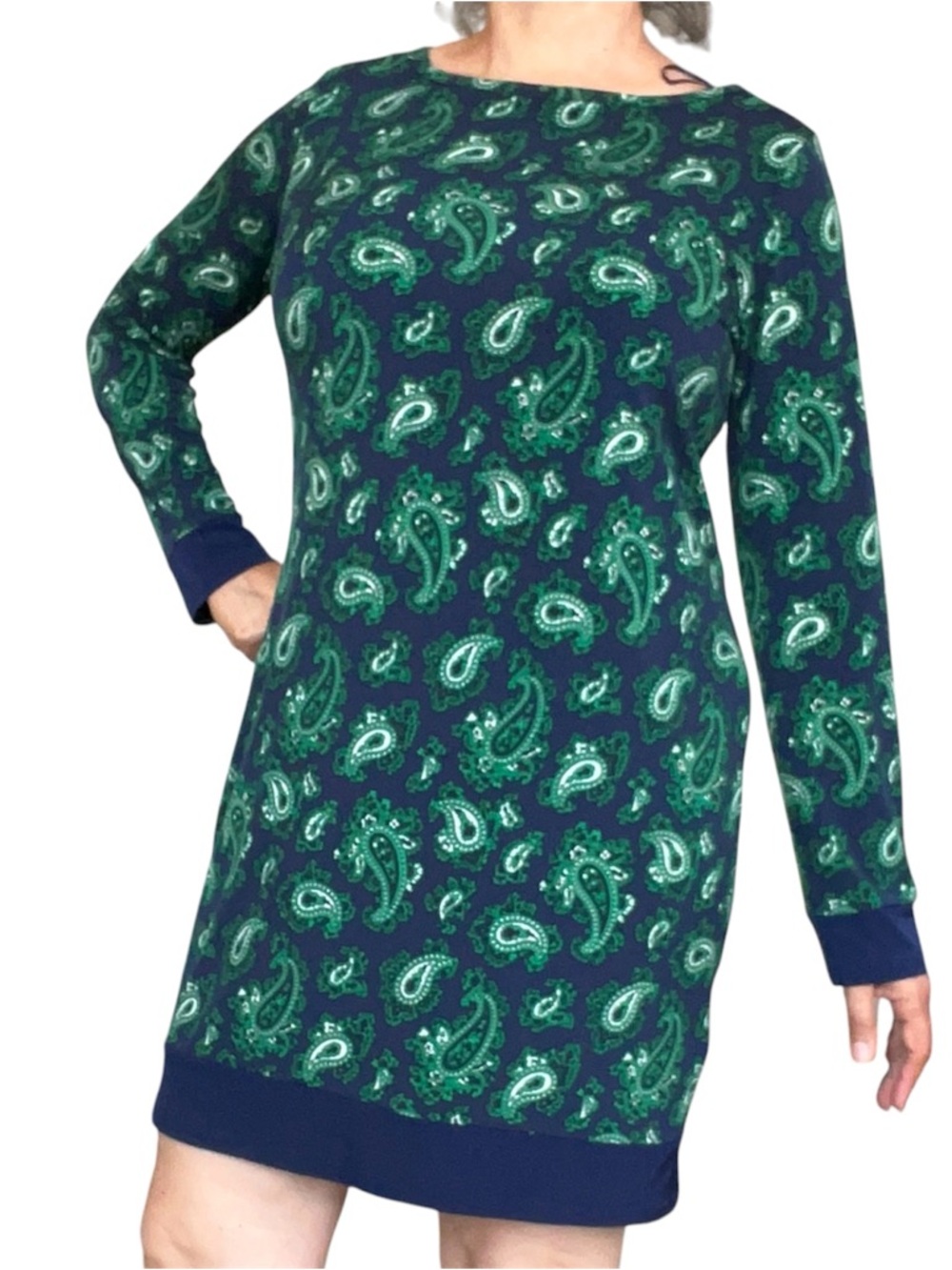 Michael Kors Women's Navy & Green Paisley Print Long Sleeves Shift Dress Size L